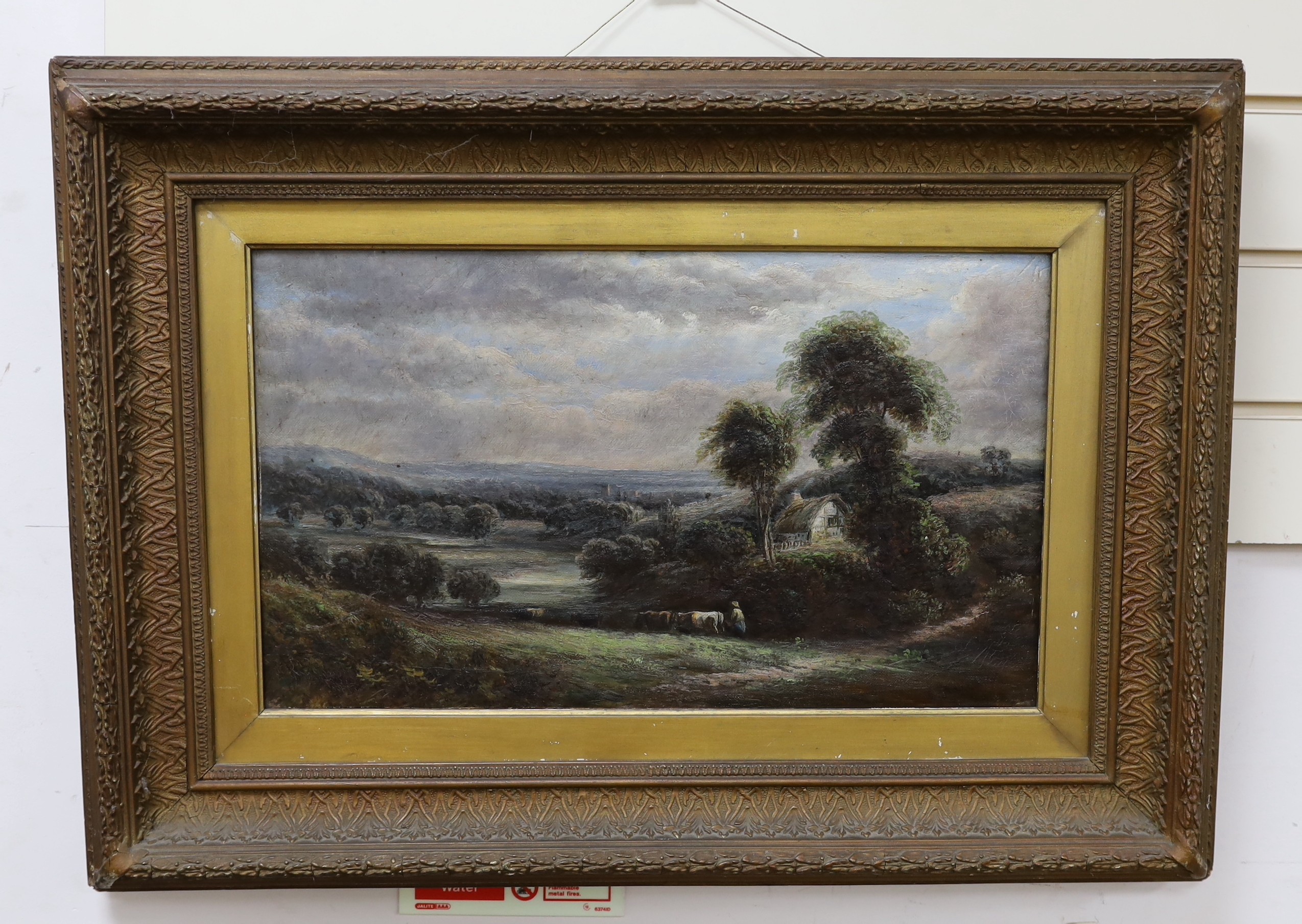 E. Thomas (c.1900), oil on canvas, Cattle drover in a landscape, signed, 29 x 50cm